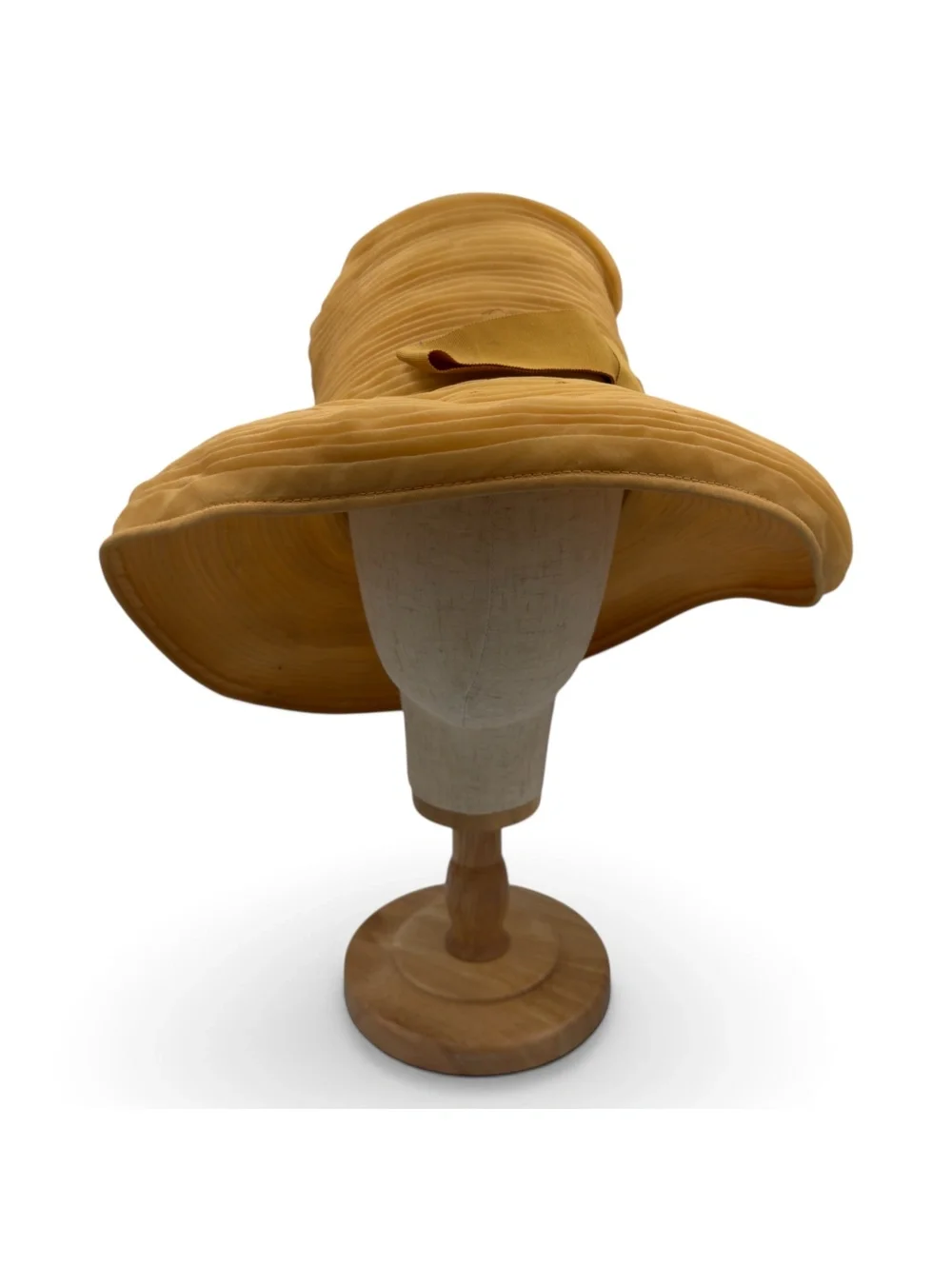 Vintage 1960s Elegant Wide Brim Pleated Mustard Yellow Hat with Bow Accent